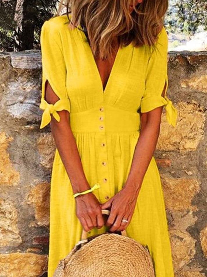 Solid Color V Neck Tie Half Sleeve Casual Dress - Midi Dresses - INS | Online Fashion Free Shipping Clothing, Dresses, Tops, Shoes - 24/05/2021 - Category_Midi Dresses - Color_Blue