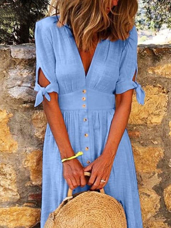 Solid Color V Neck Tie Half Sleeve Casual Dress - Midi Dresses - INS | Online Fashion Free Shipping Clothing, Dresses, Tops, Shoes - 24/05/2021 - Category_Midi Dresses - Color_Blue