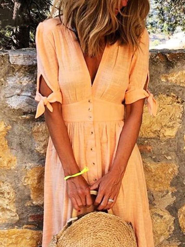 Solid Color V Neck Tie Half Sleeve Casual Dress - Midi Dresses - INS | Online Fashion Free Shipping Clothing, Dresses, Tops, Shoes - 24/05/2021 - Category_Midi Dresses - Color_Blue