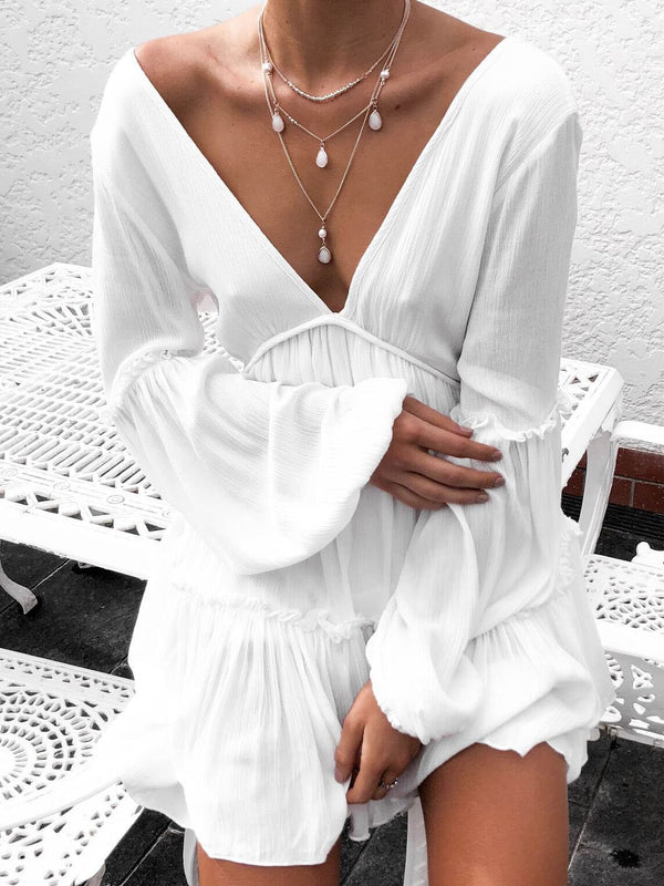 Solid Deep V Lantern Sleeve Dress - Mini Dresses - INS | Online Fashion Free Shipping Clothing, Dresses, Tops, Shoes - 19/07/2021 - 20-30 - color-white