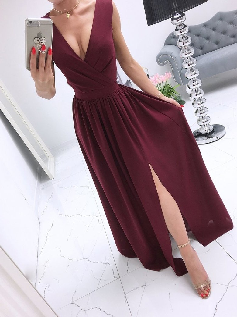 Solid Deep V Neck Split Hem Dress - Maxi Dresses - INS | Online Fashion Free Shipping Clothing, Dresses, Tops, Shoes - 20-30 - 21/06/2021 - color-green