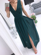 Solid Deep V Neck Split Hem Dress - Maxi Dresses - INS | Online Fashion Free Shipping Clothing, Dresses, Tops, Shoes - 20-30 - 21/06/2021 - color-green