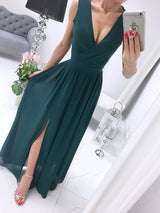 Solid Deep V Neck Split Hem Dress - Maxi Dresses - INS | Online Fashion Free Shipping Clothing, Dresses, Tops, Shoes - 20-30 - 21/06/2021 - color-green