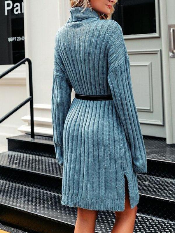 Solid Drop Shoulder Turtle Neck Sweater Without Belt - Dresses - INS | Online Fashion Free Shipping Clothing, Dresses, Tops, Shoes - 02/03/2021 - Autumn - Blue