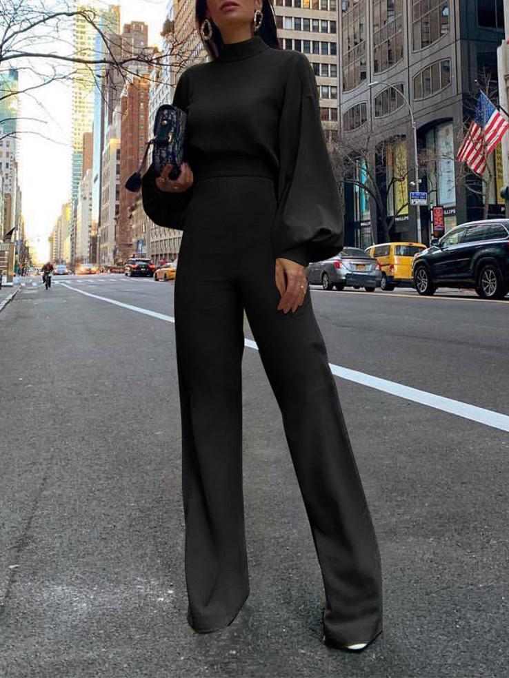 Solid High-necked Long-sleeved Casual Jumpsuit - Jumpsuits & Rompers - INS | Online Fashion Free Shipping Clothing, Dresses, Tops, Shoes - 30-40 - 30/06/2021 - Bottoms