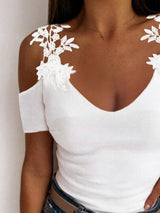 Solid Lace Cold Shoulder Casual T-shirts - T-shirts - INS | Online Fashion Free Shipping Clothing, Dresses, Tops, Shoes - 20-30 - 22/06/2021 - color-white