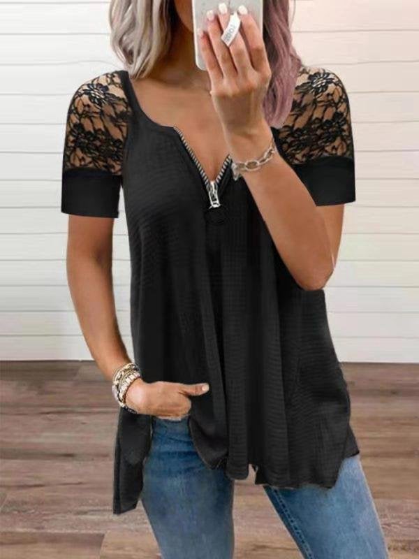 Solid Lace Sleeve Zipper V-Neck T-Shirt - T-Shirts - INS | Online Fashion Free Shipping Clothing, Dresses, Tops, Shoes - 15/06/2021 - Category_T-Shirts - Color_Black