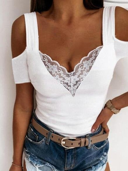 Solid Lace V-neck Off Shoulder T-shirts - T-shirts - INS | Online Fashion Free Shipping Clothing, Dresses, Tops, Shoes - 20-30 - 22/06/2021 - color-white