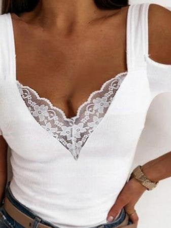 Solid Lace V-neck Off Shoulder T-shirts - T-shirts - INS | Online Fashion Free Shipping Clothing, Dresses, Tops, Shoes - 20-30 - 22/06/2021 - color-white