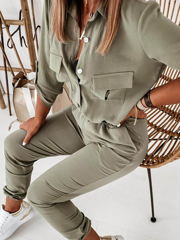 Solid Long Sleeve Elastic Waist Jumpsuit - Jumpsuits & Rompers - INS | Online Fashion Free Shipping Clothing, Dresses, Tops, Shoes - 29/04/2021 - Color_Army Green - JUM210429011