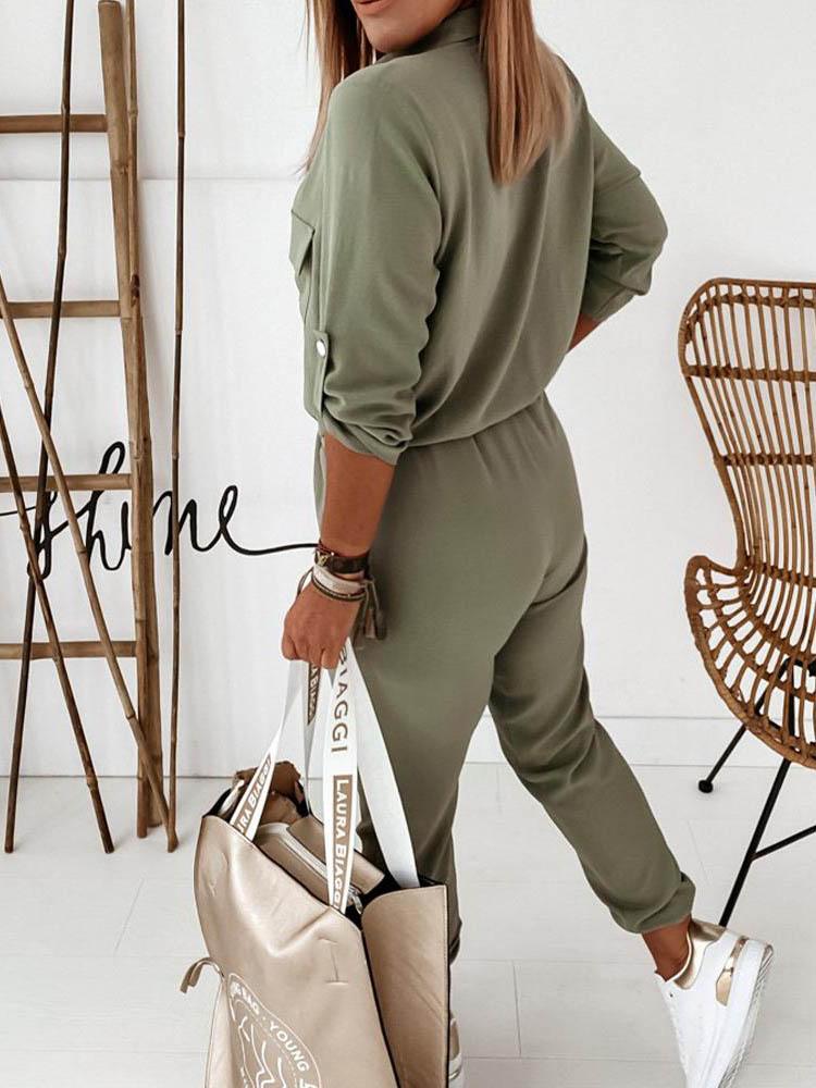 Solid Long Sleeve Elastic Waist Jumpsuit - Jumpsuits & Rompers - INS | Online Fashion Free Shipping Clothing, Dresses, Tops, Shoes - 29/04/2021 - Color_Army Green - JUM210429011