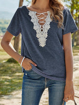 Solid Loose Lace V-Neck Short Sleeve T-Shirt - T-Shirts - INS | Online Fashion Free Shipping Clothing, Dresses, Tops, Shoes - 10-20 - 24/06/2021 - Category_T-Shirts