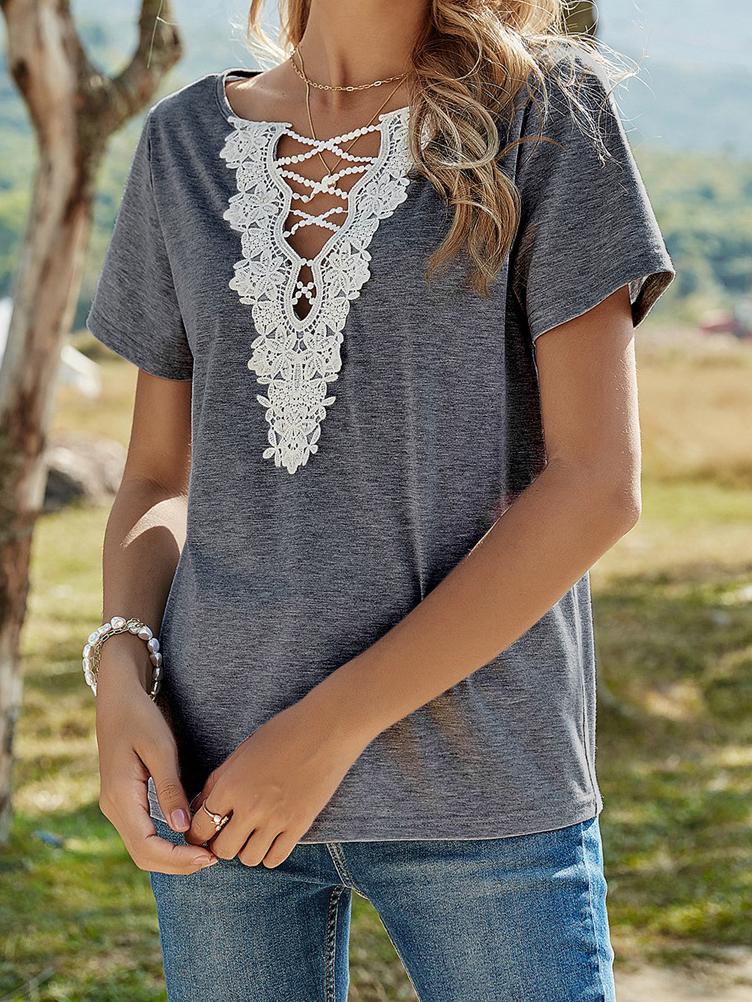 Solid Loose Lace V-Neck Short Sleeve T-Shirt - T-Shirts - INS | Online Fashion Free Shipping Clothing, Dresses, Tops, Shoes - 10-20 - 24/06/2021 - Category_T-Shirts