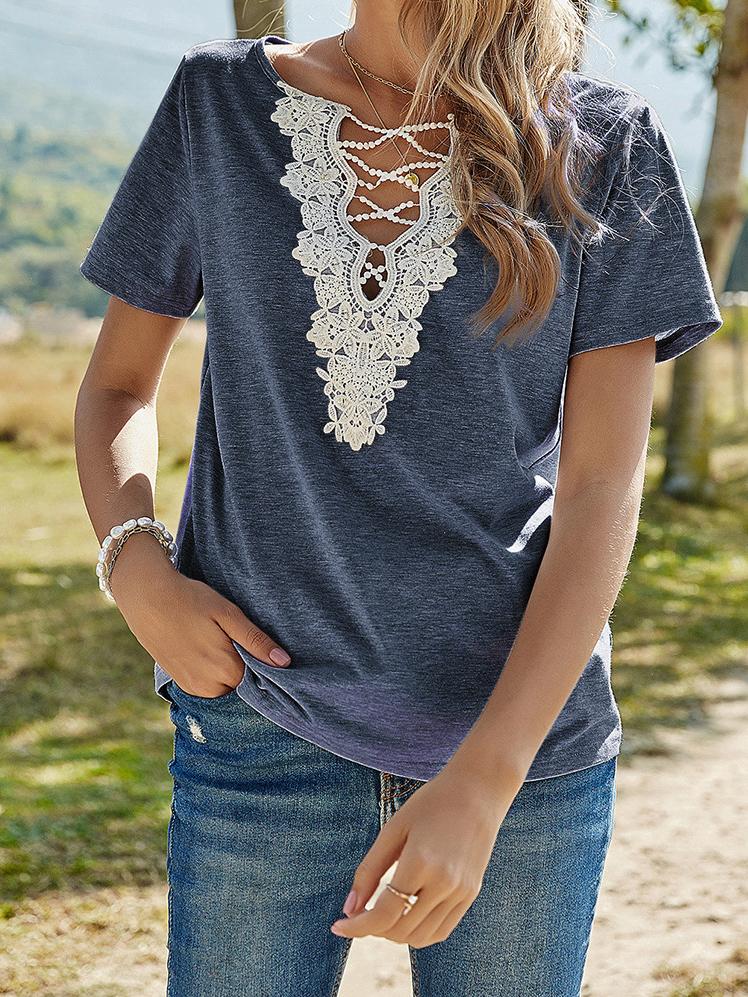 Solid Loose Lace V-Neck Short Sleeve T-Shirt - T-Shirts - INS | Online Fashion Free Shipping Clothing, Dresses, Tops, Shoes - 10-20 - 24/06/2021 - Category_T-Shirts