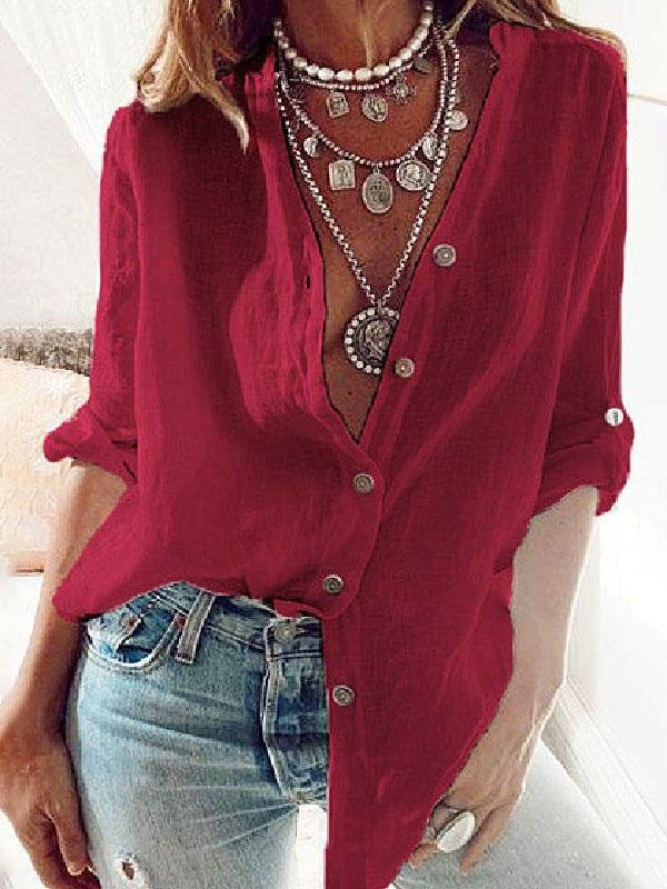 Solid Loose V-neck Long-sleeved Shirt - Blouses - INS | Online Fashion Free Shipping Clothing, Dresses, Tops, Shoes - 10-20 - 26/07/2021 - BLO2107261263