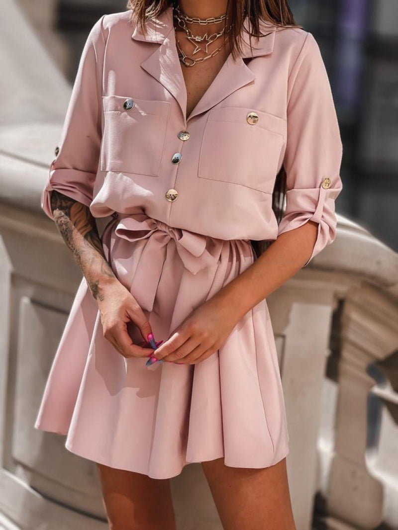 Solid Nine-Point Sleeve Shirt Dress - Mini Dresses - INS | Online Fashion Free Shipping Clothing, Dresses, Tops, Shoes - 15/06/2021 - Category_Mini Dresses - Color_Black