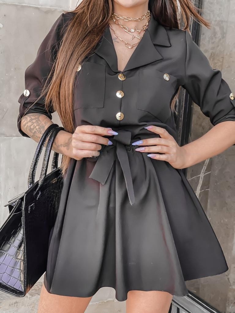 Solid Nine-Point Sleeve Shirt Dress - Mini Dresses - INS | Online Fashion Free Shipping Clothing, Dresses, Tops, Shoes - 15/06/2021 - Category_Mini Dresses - Color_Black