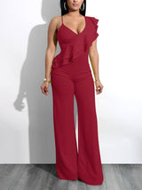 Solid Ruffle Trim Deep V Neck Jumpsuit - Jumpsuits & Rompers - INS | Online Fashion Free Shipping Clothing, Dresses, Tops, Shoes - 01/07/2021 - 20-30 - Bottoms