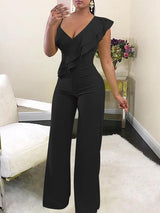 Solid Ruffle Trim Deep V Neck Jumpsuit - Jumpsuits & Rompers - INS | Online Fashion Free Shipping Clothing, Dresses, Tops, Shoes - 01/07/2021 - 20-30 - Bottoms