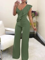 Solid Ruffle Trim Deep V Neck Jumpsuit - Jumpsuits & Rompers - INS | Online Fashion Free Shipping Clothing, Dresses, Tops, Shoes - 01/07/2021 - 20-30 - Bottoms