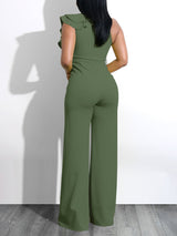 Solid Ruffle Trim Deep V Neck Jumpsuit - Jumpsuits & Rompers - INS | Online Fashion Free Shipping Clothing, Dresses, Tops, Shoes - 01/07/2021 - 20-30 - Bottoms