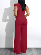 Solid Ruffle Trim Deep V Neck Jumpsuit - Jumpsuits & Rompers - INS | Online Fashion Free Shipping Clothing, Dresses, Tops, Shoes - 01/07/2021 - 20-30 - Bottoms