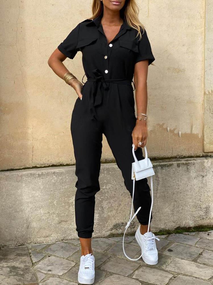 Solid Short Sleeve Buttoned Jumpsuit - Jumpsuits & Rompers - INS | Online Fashion Free Shipping Clothing, Dresses, Tops, Shoes - 29/04/2021 - Color_ Black - Color_Beige