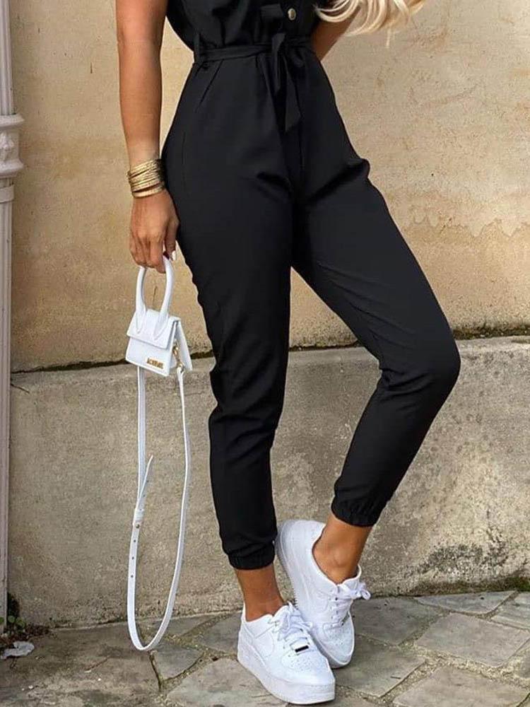 Solid Short Sleeve Buttoned Jumpsuit - Jumpsuits & Rompers - INS | Online Fashion Free Shipping Clothing, Dresses, Tops, Shoes - 29/04/2021 - Color_ Black - Color_Beige