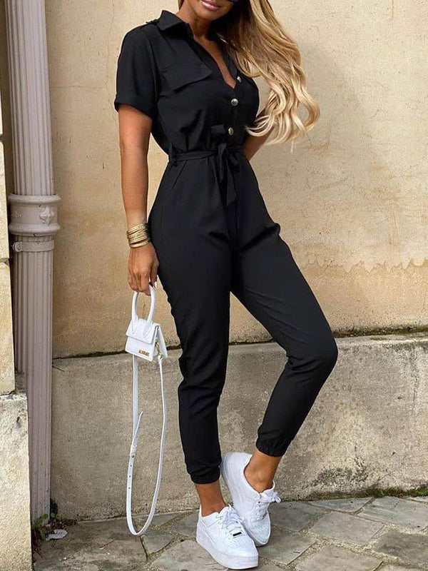 Solid Short Sleeve Buttoned Jumpsuit - Jumpsuits & Rompers - INS | Online Fashion Free Shipping Clothing, Dresses, Tops, Shoes - 29/04/2021 - Color_ Black - Color_Beige