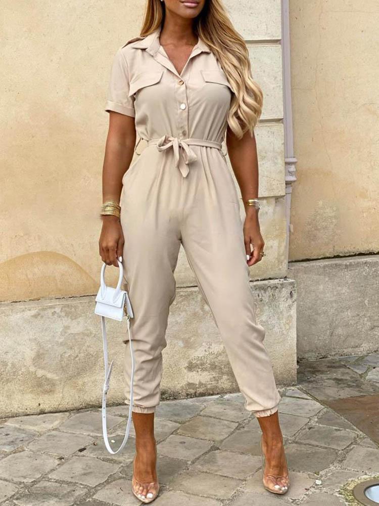 Solid Short Sleeve Buttoned Jumpsuit - Jumpsuits & Rompers - INS | Online Fashion Free Shipping Clothing, Dresses, Tops, Shoes - 29/04/2021 - Color_ Black - Color_Beige