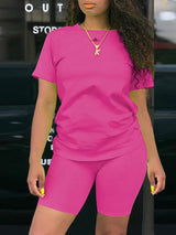 Solid Short Sleeve Sporty Top & Short Set - Active Sets - INS | Online Fashion Free Shipping Clothing, Dresses, Tops, Shoes - 04/05/2021 - Category_Active Sets - Color_Hot Pink