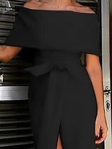 Solid Slim Fit One-shoulder Off-shoulder Split Dress - Midi Dresses - INS | Online Fashion Free Shipping Clothing, Dresses, Tops, Shoes - 20/07/2021 - 30-40 - color-black