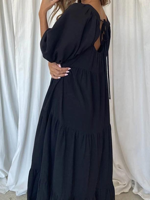 Solid Stitching Puff Sleeve Back Straps Dress - Maxi Dresses - INS | Online Fashion Free Shipping Clothing, Dresses, Tops, Shoes - 30-40 - 30/06/2021 - Category_Maxi Dresses