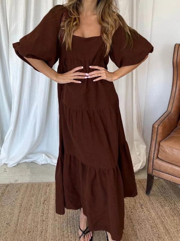 Solid Stitching Puff Sleeve Back Straps Dress - Maxi Dresses - INS | Online Fashion Free Shipping Clothing, Dresses, Tops, Shoes - 30-40 - 30/06/2021 - Category_Maxi Dresses