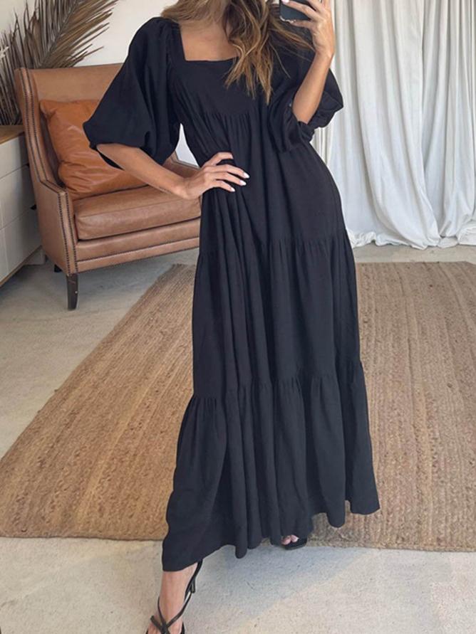 Solid Stitching Puff Sleeve Back Straps Dress - Maxi Dresses - INS | Online Fashion Free Shipping Clothing, Dresses, Tops, Shoes - 30-40 - 30/06/2021 - Category_Maxi Dresses