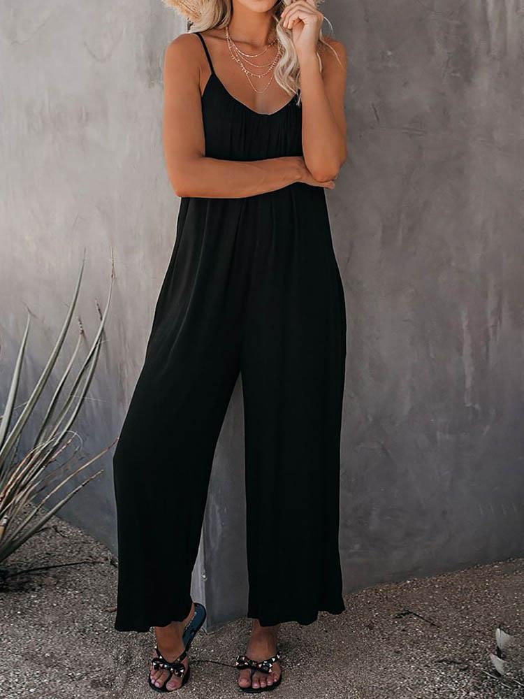 Solid Strap Loose Wide Leg Jumpsuit - Jumpsuits & Rompers - INS | Online Fashion Free Shipping Clothing, Dresses, Tops, Shoes - 30/04/2021 - Color_Army Green - Color_Black