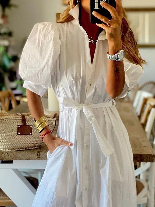 Solid Tie Five-Point Sleeve Shirt Dress - Maxi Dresses - INS | Online Fashion Free Shipping Clothing, Dresses, Tops, Shoes - 16/06/2021 - 30-40 - Category_Maxi Dresses