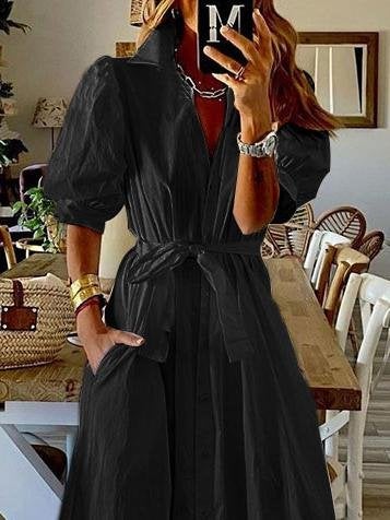 Solid Tie Five-Point Sleeve Shirt Dress - Maxi Dresses - INS | Online Fashion Free Shipping Clothing, Dresses, Tops, Shoes - 16/06/2021 - 30-40 - Category_Maxi Dresses