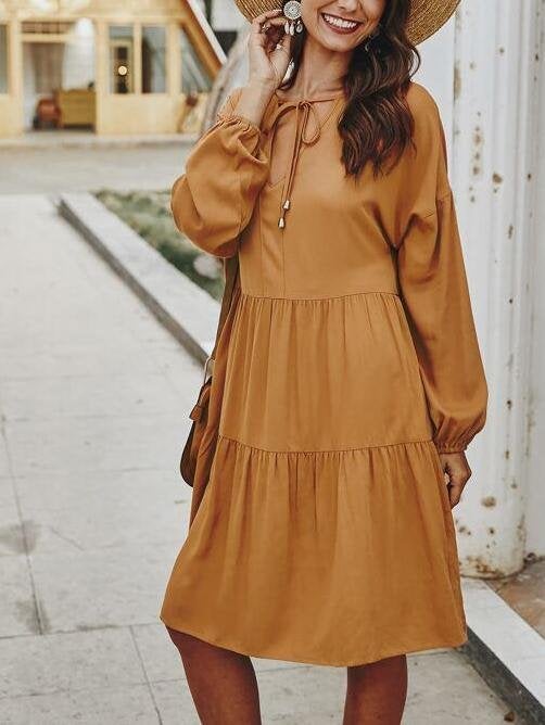 Solid Tie Neck Babydoll Dress - Dresses - INS | Online Fashion Free Shipping Clothing, Dresses, Tops, Shoes - Color_Yellow - Daily - Dresses