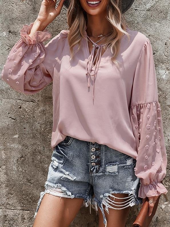 Solid Tie V Neck Splicing Elegant Casual Women's Blouse - Blouses - INS | Online Fashion Free Shipping Clothing, Dresses, Tops, Shoes - 20-30 - 21/07/2021 - BLO2107211240