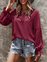 Solid Tie V Neck Splicing Elegant Casual Women's Blouse - Blouses - INS | Online Fashion Free Shipping Clothing, Dresses, Tops, Shoes - 20-30 - 21/07/2021 - BLO2107211240