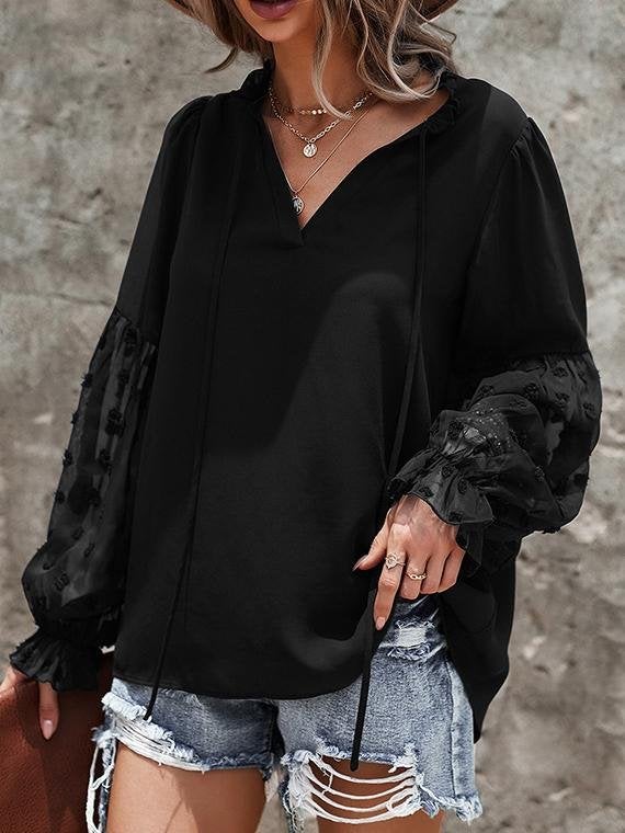 Solid Tie V Neck Splicing Elegant Casual Women's Blouse - Blouses - INS | Online Fashion Free Shipping Clothing, Dresses, Tops, Shoes - 20-30 - 21/07/2021 - BLO2107211240