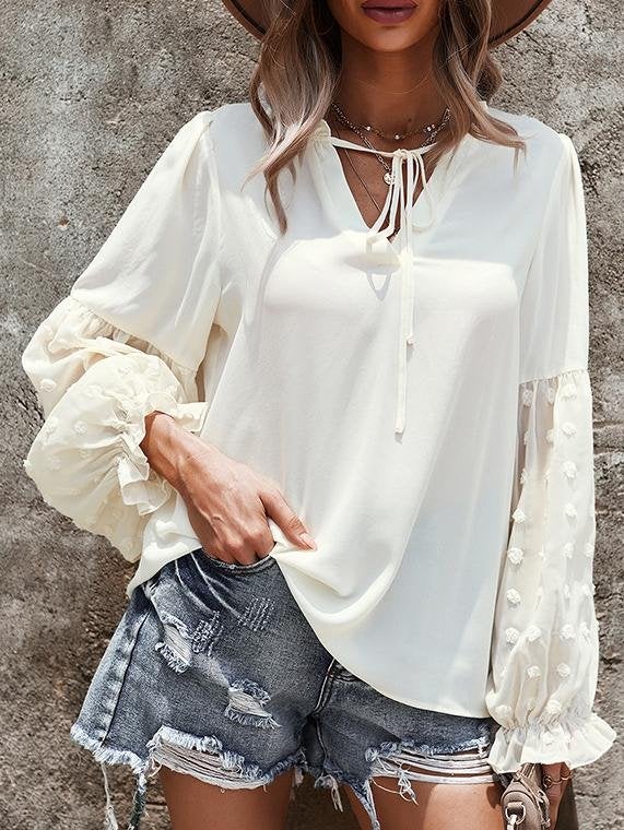 Solid Tie V Neck Splicing Elegant Casual Women's Blouse - Blouses - INS | Online Fashion Free Shipping Clothing, Dresses, Tops, Shoes - 20-30 - 21/07/2021 - BLO2107211240