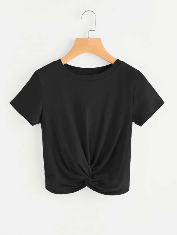 Solid Twist-Front Cropped Tee - INS | Online Fashion Free Shipping Clothing, Dresses, Tops, Shoes