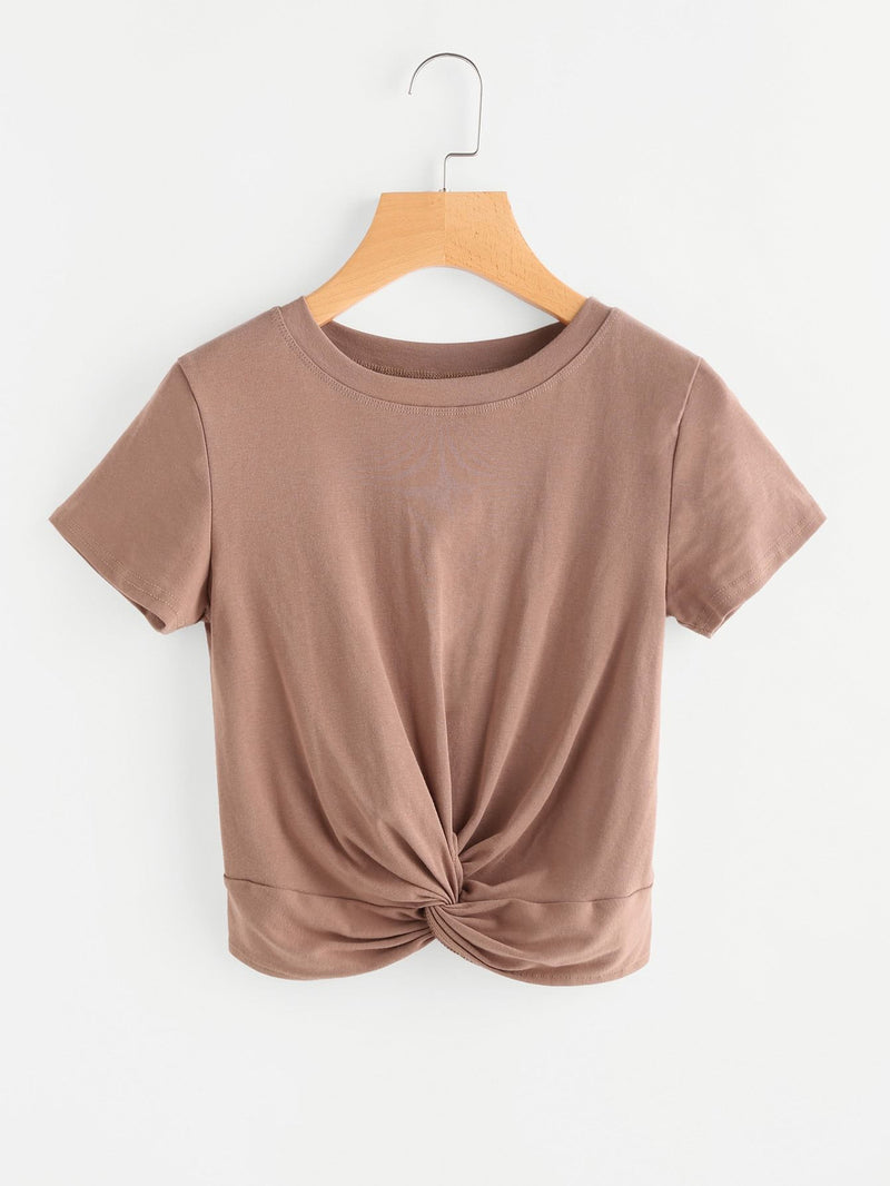 Solid Twist-Front Cropped Tee - INS | Online Fashion Free Shipping Clothing, Dresses, Tops, Shoes