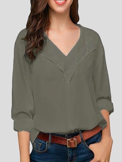 Solid V-neck Long-sleeved Chiffon Blouse - Blouses - INS | Online Fashion Free Shipping Clothing, Dresses, Tops, Shoes - 03/07/2021 - 10-20 - BLO2107031155