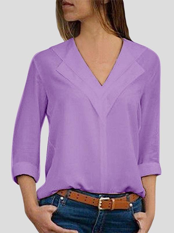 Solid V-neck Long-sleeved Chiffon Blouse - Blouses - INS | Online Fashion Free Shipping Clothing, Dresses, Tops, Shoes - 03/07/2021 - 10-20 - BLO2107031155