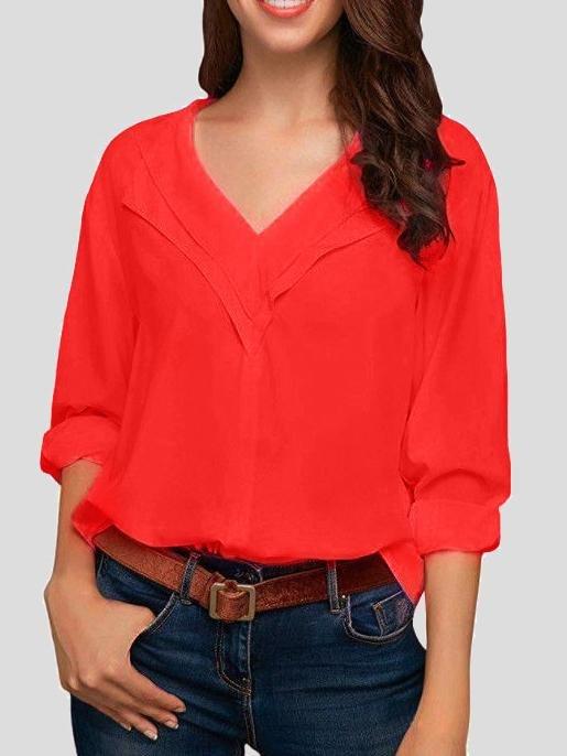 Solid V-neck Long-sleeved Chiffon Blouse - Blouses - INS | Online Fashion Free Shipping Clothing, Dresses, Tops, Shoes - 03/07/2021 - 10-20 - BLO2107031155