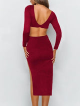 Solid V-neck Long-sleeved Waistless Backless Bodycon Dress - Midi Dresses - INS | Online Fashion Free Shipping Clothing, Dresses, Tops, Shoes - 17/07/2021 - 20-30 - color-black