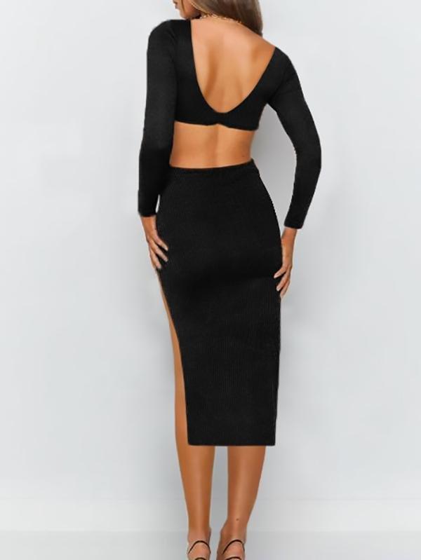 Solid V-neck Long-sleeved Waistless Backless Bodycon Dress - Midi Dresses - INS | Online Fashion Free Shipping Clothing, Dresses, Tops, Shoes - 17/07/2021 - 20-30 - color-black